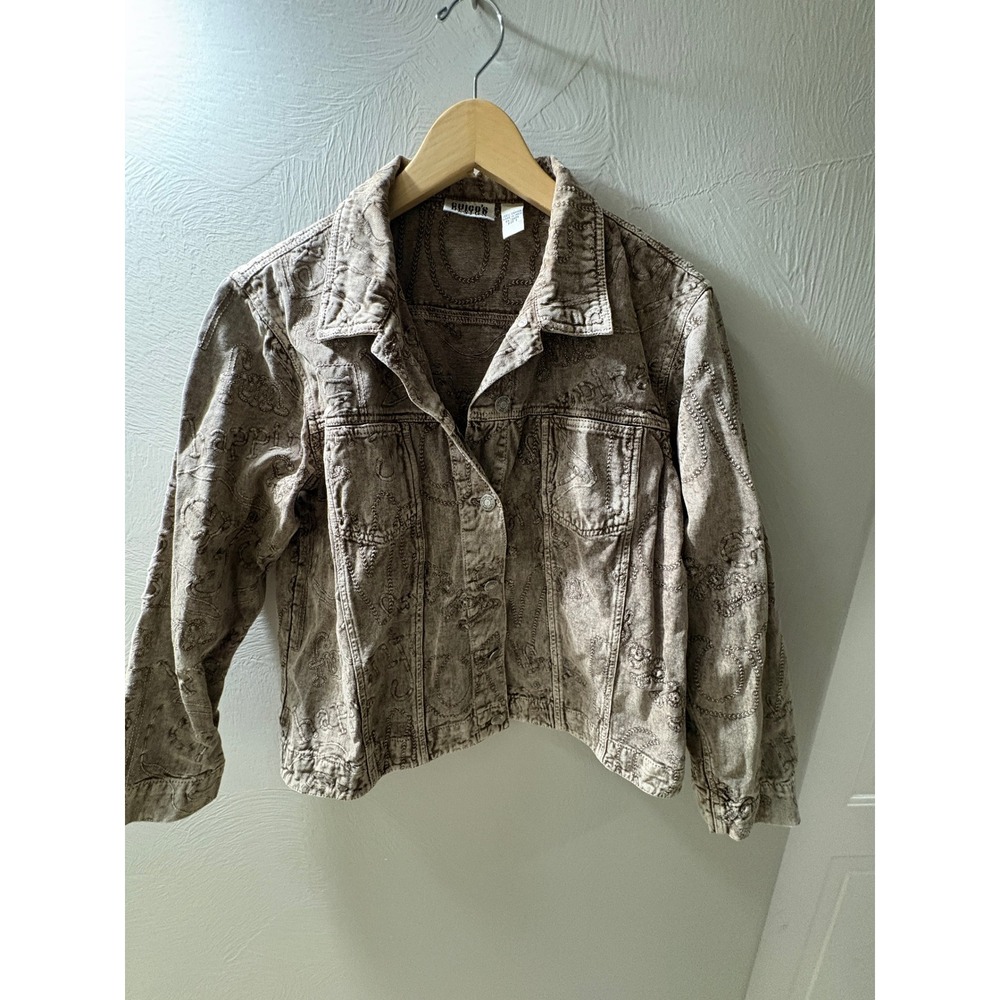 Chicos Design Tan Embroidered Denim Jacket Love Happiness Cotton Size 2 L XL